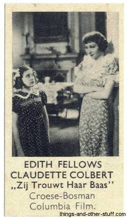 Edith Fellows and Claudette Colbert in She Married Her Boss on a Shirleys Gum trading card