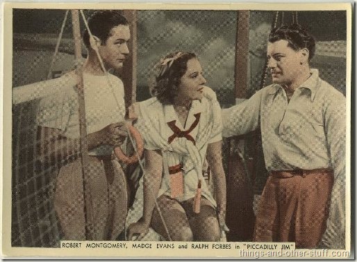 Madge Evans with Robert Montgomery and Ralph Forbes in Piccadilly Jim on a 1936 Ardath tobacco card