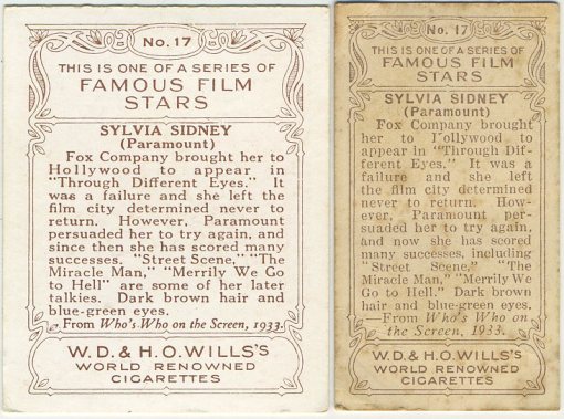 Reverse side 1934 Wills Famous Film Stars Medium and Small Tobacco Cards