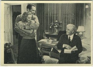 Edward Ellis seated with Lee Bowman and Anne Shirley on a 1940 Cinema Cavalcade Volume 2 tobacco card