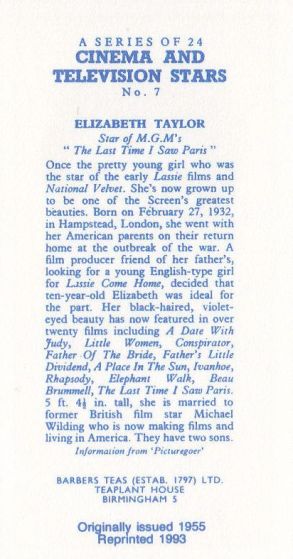 Reverse side of 1993 reprint card #7 Elizabeth Taylor