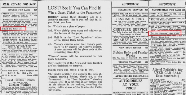 The Lost Squadron contest ad in the March 1 1932 edition of The Miami News