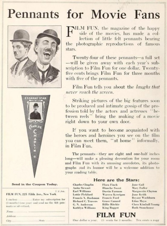 Movie Star Pennants in 1916 Film Fun Magazine