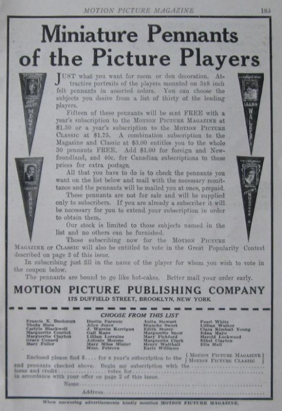 Movie Star Pennants in 1916 Motion Picture Magazine ad